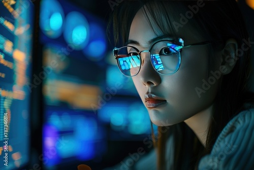 Asian female programmer in glasses working at the chart screen. Generate AI image