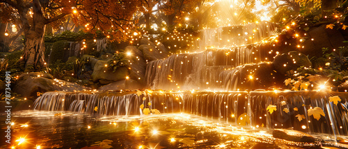 Enchanted Forest Scene with Flowing Waterfall at Night, Magical Lighting, and Lush Greenery, Fairy-tale Environment