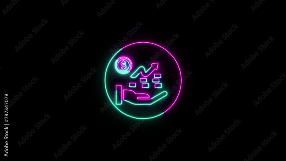Abstract glowing neon investment icon animation. Dollar sign with hand on business growth icon animation on black background Abstract glowing neon investment icon animation. Dollar sign with hand on business growth icon animation on black background