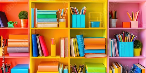 A bookshelf filled with colorful books and educational materials, providing a background for back-to-school content. 