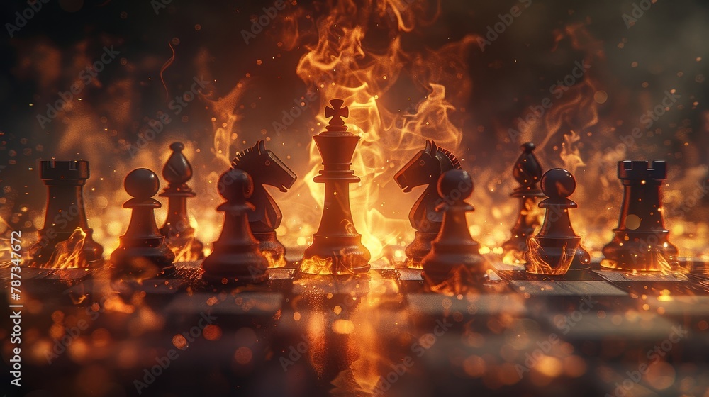 Illustration of chess pieces on fire with particles