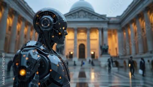 A robot stands in front of a building with a dome on top by AI generated image