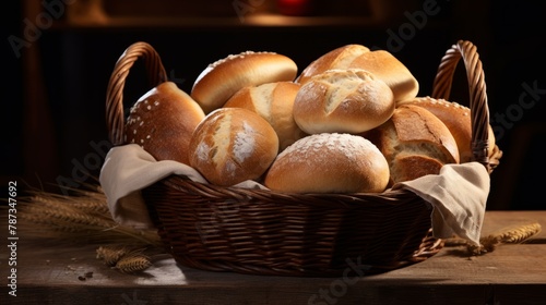 Bread and lots of fresh bread buns in a basket on a wooden table