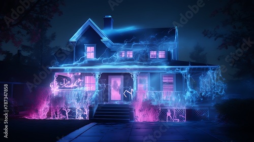 a surreal scene where an AI painter uses invisible ink to hidden messages and patterns on a house's exterior