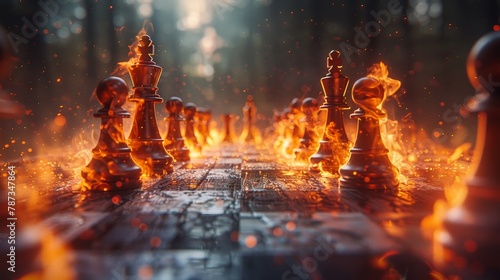 Illustration of chess pieces on fire with particles © nikola-master