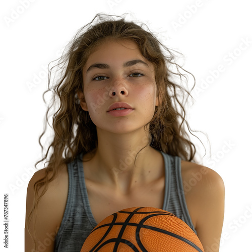 Young female athlete holding a basketball on a transparent background © Mustafa