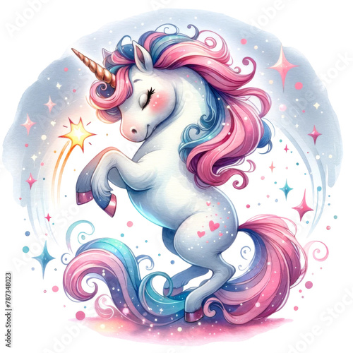 Cute unicorn, bright and soft watercolor style. Illustration on a transparent background.