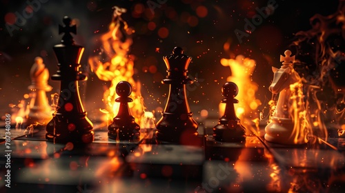 Illustration of chess pieces on fire with particles