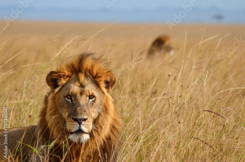 portrait of a proud lion lying in the grass in wildlife. The concept of a safari vacation.