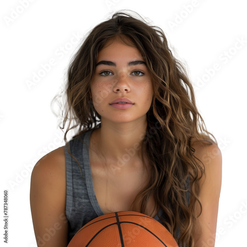 Young female athlete posing with basketball on transparent background © Mustafa
