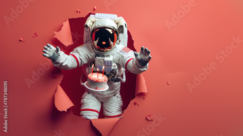 A space explorer is about to blow out candles on a cake, depicting a unique take on making birthday wishes in space photo