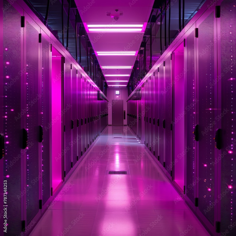 A long hallway with pink walls and pink lights