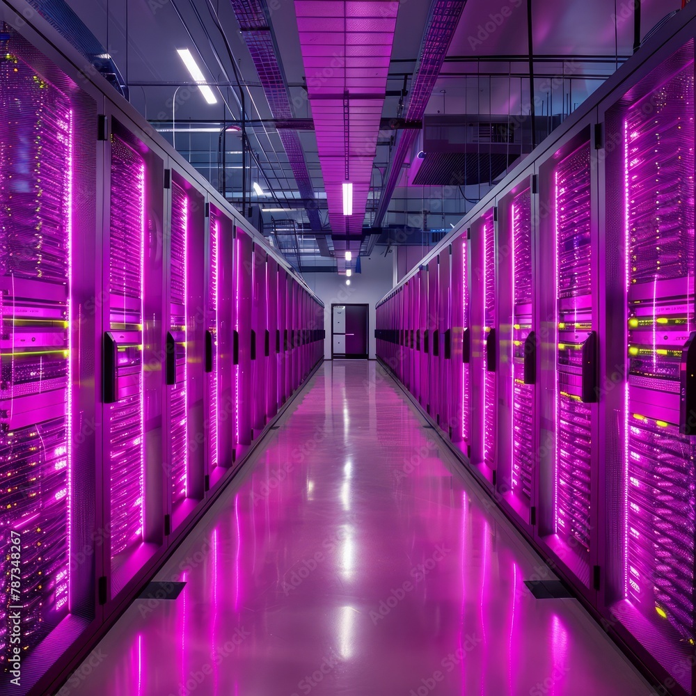 A long hallway with many computer servers lit up in a purple hue. The servers are arranged in rows and are connected to each other. The lighting creates a sense of a futuristic, high-tech environment A long hallway with many computer servers lit up in a purple hue. The servers are arranged in rows and are connected to each other. The lighting creates a sense of a futuristic, high-tech environment
