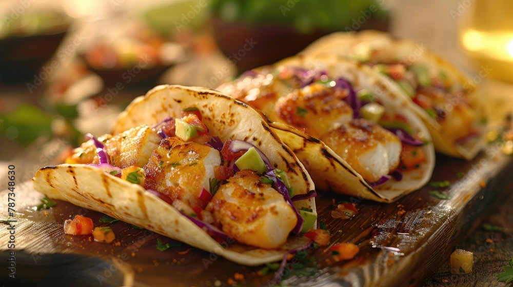 crispy fish tacos topped with tangy slaw and creamy avocado salsa. - obrazy, fototapety, plakaty 