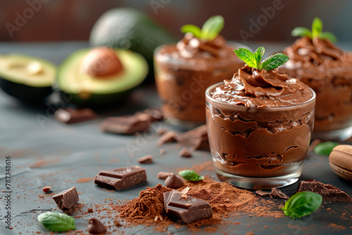 Indulge in a luxurious dessert of chocolate avocado mousse, enriched with cocoa powder and honey for a creamy delight. photo