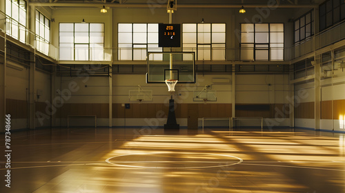 An indoor basketball court awaits players with copy space the clean and empty space suggests a school or recreational facility ready for activity : Generative AI photo