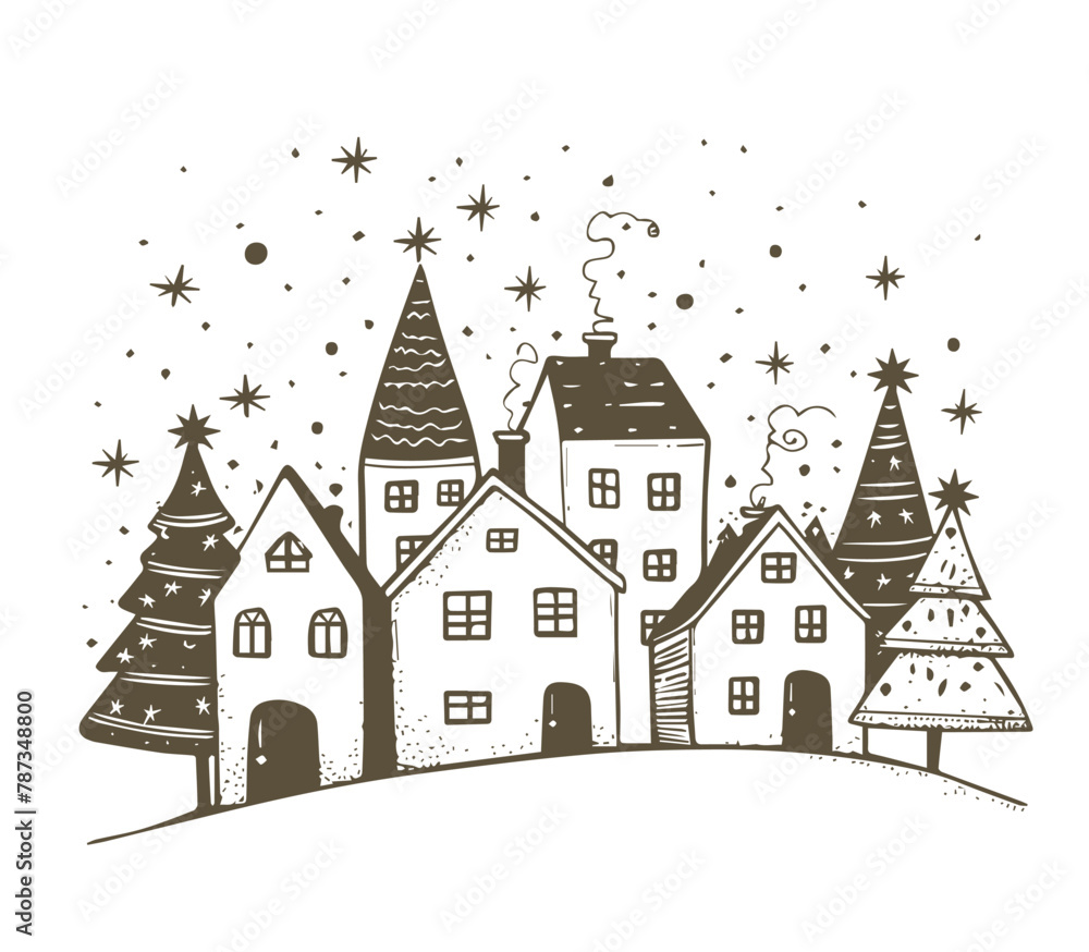 Christmas home and tree, Sketch, Pictogram Art, Black on white image