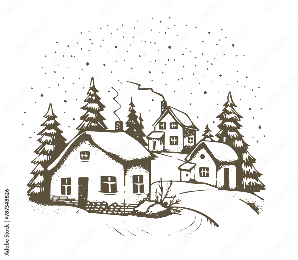 Christmas home and tree, Sketch, Pictogram Art, Black on white image