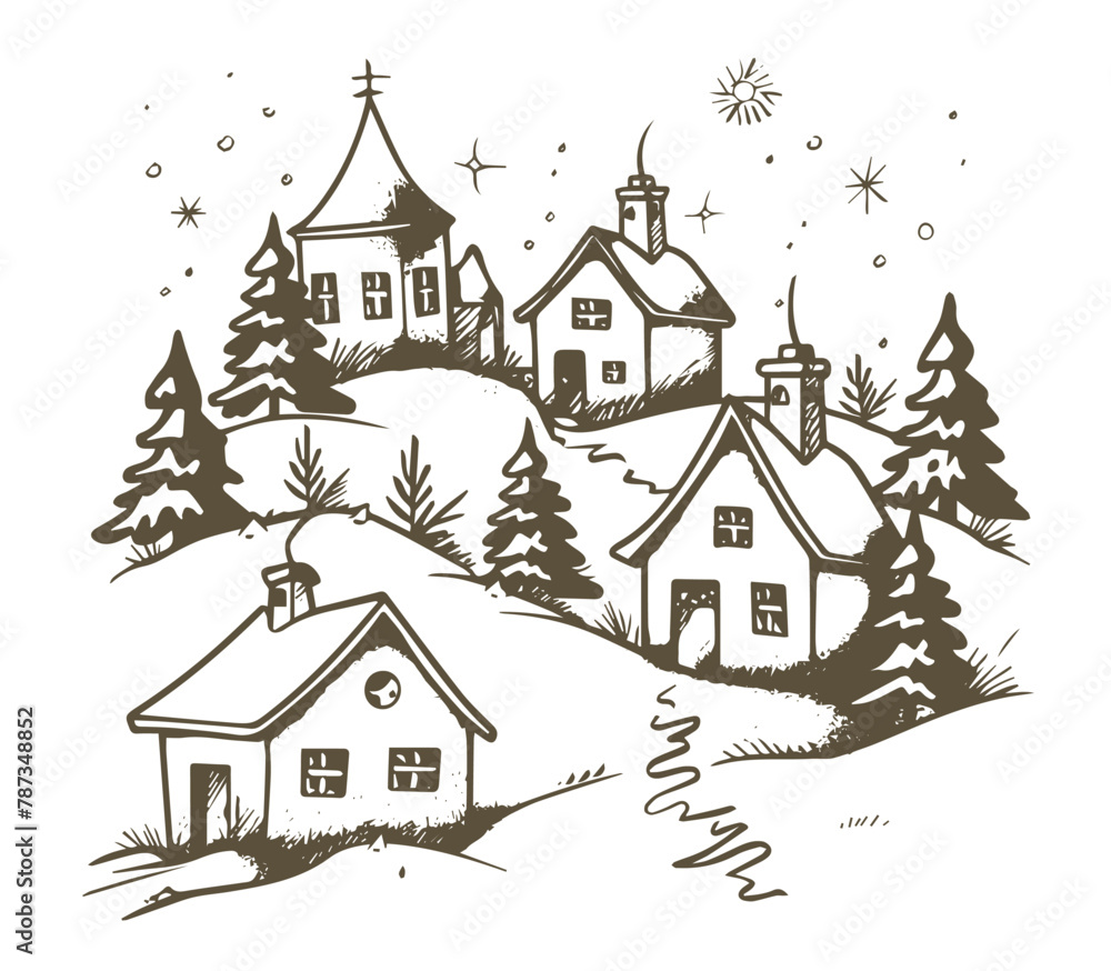 Christmas home and tree, Sketch, Pictogram Art, Black on white image
