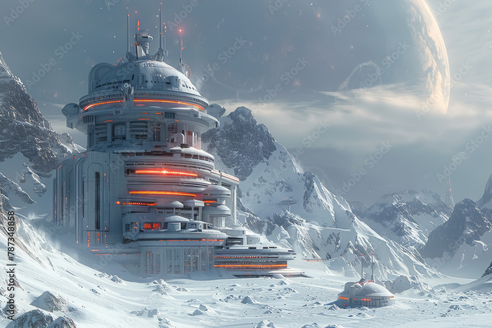 futuristic research station in a snowy mountain landscape with a large planet in the sky futuristic research station in a snowy mountain landscape with a large planet in the sky