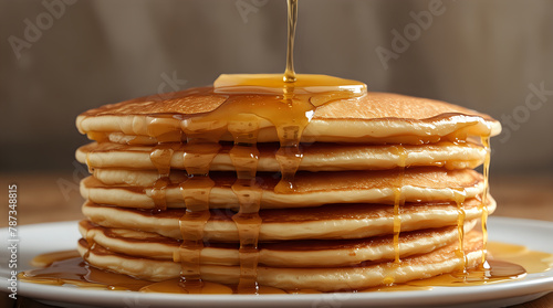 a close-up of a stack of fluffy pancakes on a plate, with golden syrup being poured over them, creating a tempting and glossy topping