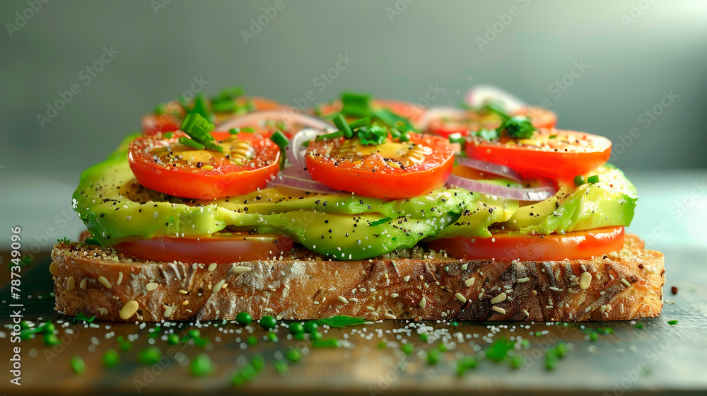 a creamy avocado toast topped with sliced cherry tomatoes, red onion, and a sprinkle of sea salt for a flavorful twist. a creamy avocado toast topped with sliced cherry tomatoes, red onion, and a sprinkle of sea salt for a flavorful twist.