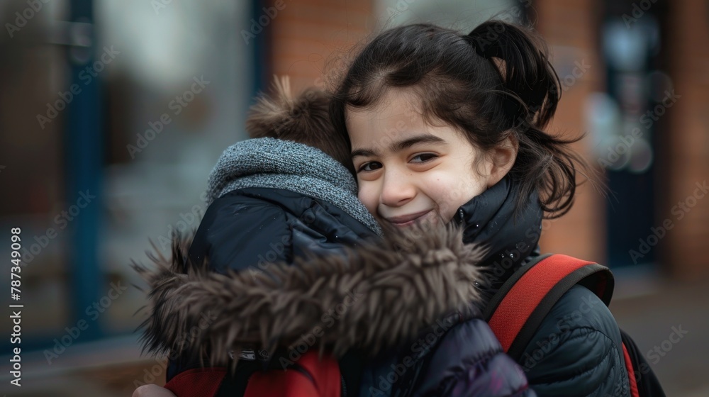 A parent and child hugging goodbye outside the school gates on the first day. A parent and child hugging goodbye outside the school gates on the first day.