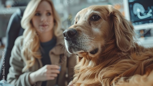 Golden retriever receiving veterinary care with a concerned owner by its side