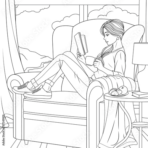 Vector illustration, сute girl reading a book while sitting in a cozy chair in front of the window