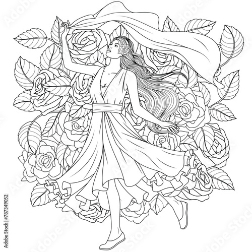 Vector illustration, beautiful girl dances against the background of large roses.