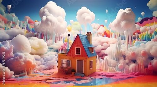 a house engulfed in a surreal dreamscape, as AI painters bring the landscape to life through vivid colors and abstract patterns