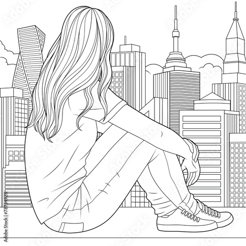 Vector illustration, girl looks out the window at the city while sitting on the sill