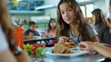 A school cafeteria scene with students enjoying a nutritious lunch together. 