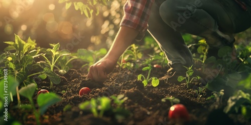 A detailed, close-up scene of hands nurturing plants in soil, set against the warm glow of a setting sun evoking growth and care
