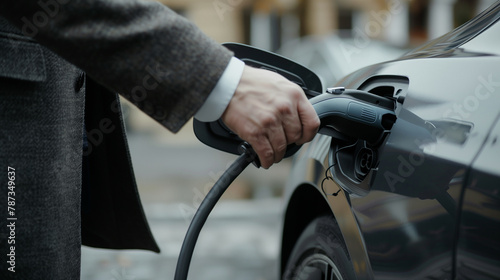 A businessman is charging an electric car