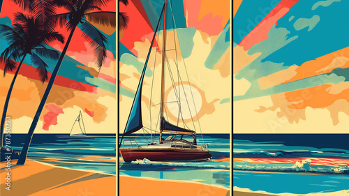 3 panel wall art, Wow pop art beach and sailboat. Pop art poster usable for interior design. Summer concept cover.