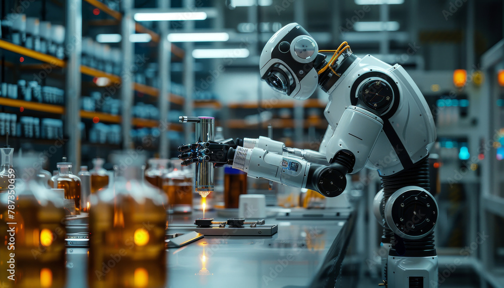 A robot is working in a lab with a bottle of alcohol in front of it by AI generated image