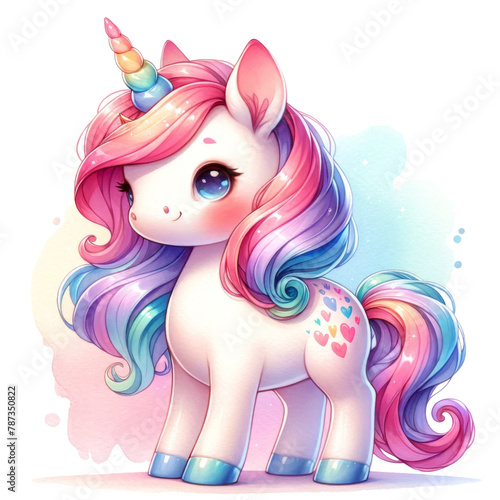 Cute unicorn, bright and soft watercolor style. Illustration on a transparent background.