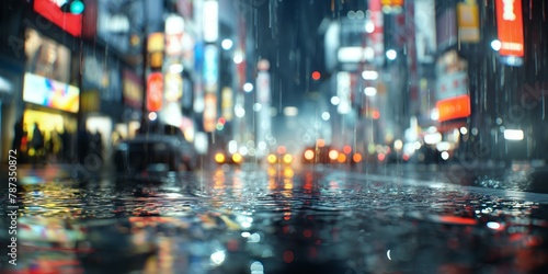 An atmospheric image of a rain-soaked urban street at night, reflecting city lights and signs with vibrant colors