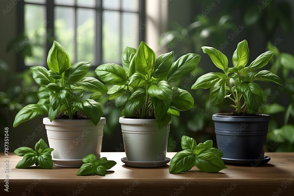 Fresh Basil Herbs Ready for Home Cooking - Three Vibrant Basil Plants in Terracotta Pots on a Wooden Table