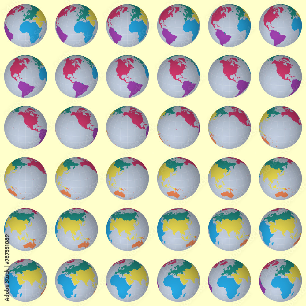 Collection of planet globes. Slanted sphere view. Rotation step 10 degrees. Colored continents style. World map with graticule lines on luminosity background. Terrific vector illustration. Collection of planet globes. Slanted sphere view. Rotation step 10 degrees. Colored continents style. World map with graticule lines on luminosity background. Terrific vector illustration.