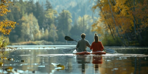 A couple exploring a serene lake by paddleboarding or canoeing, surrounded by peaceful nature. photo