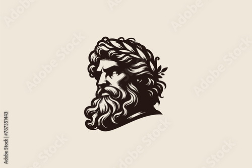 Zeus Face Logo Ancient God from Greek Mythology Man Beard Laurel Headband Illustration Brand Identity.
