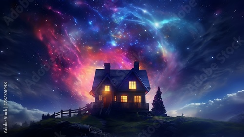 an image of a house being painted in a cosmic theme, with AI-generated elements that galaxies, stars, and nebulae