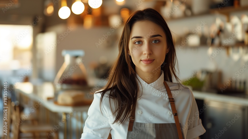 A beautiful young woman working chef in a trendy restaurant. Happy woman looking at camera.