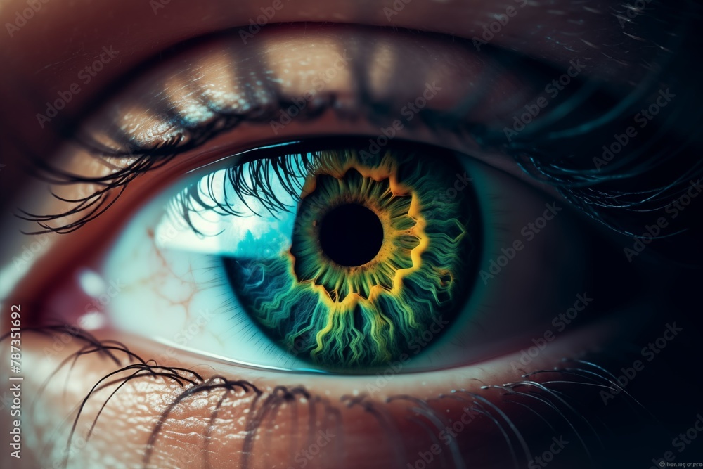 A close up of a person's eye with a green iris