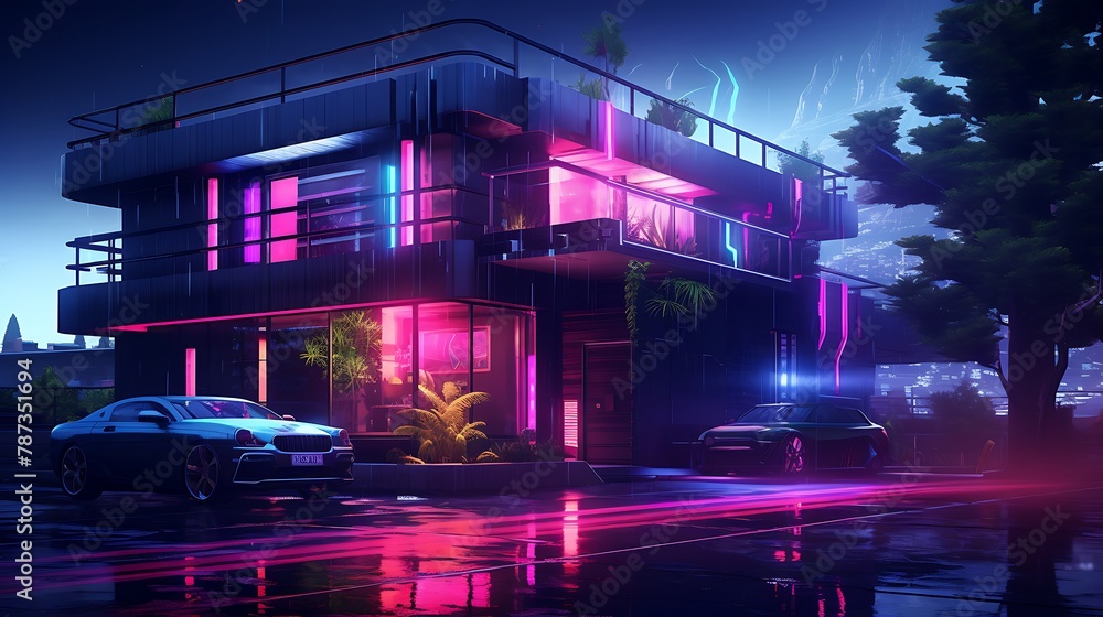 an image of a house painted with neon colors and futuristic elements by AI artists, transforming it into a cyberpunk masterpiece