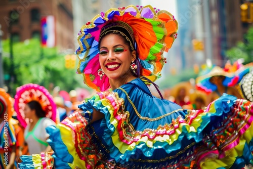 A smiling woman dances in a vibrant, colorful costume at a lively street carnival, radiating energy and happiness.