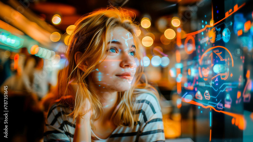 A young woman gazes thoughtfully at a futuristic digital interface filled with neon lights and data visualizations.
