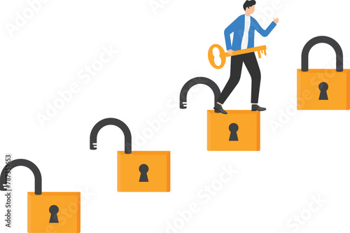 Unlock your skills, businesswoman with big key, unlock padlock on stair. Female employee climb corporate career ladder, skills improvement, rise to new level, flat vector illustration

